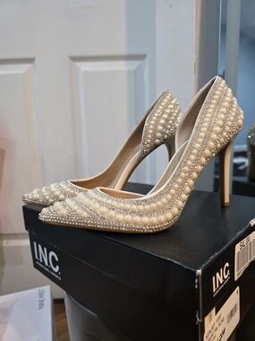 INC International Concepts Pearl-Embellished Pointed-Toe Pumps in Ivory